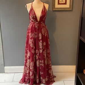Luxxel Burgundy Floral Backless Dress